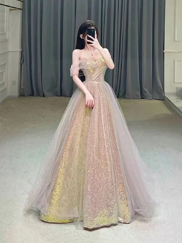 Shiny Tulle Sequins Long Prom Dress, Off the Shoulder Evening Party Dress Tunics Chinos classic Shiny Tulle Sequins Long Prom Dress, Off the Shoulder Evening Party Dress Tunics Chinos classic