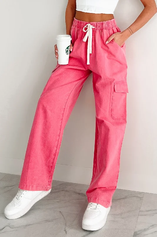 Johnny Washed Drawstring Waist Cargo Pants (Pink) Modern Stretch Trousers