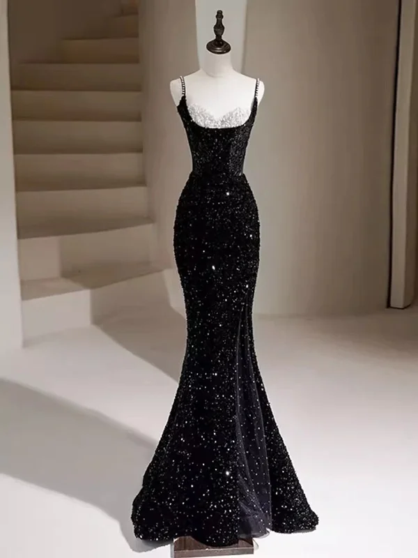 Black Sequins Mermaid Straps Beaded Prom Dress, Black Sequins Party Dress Off-the-shoulder Chic Trendy Black Sequins Mermaid Straps Beaded Prom Dress, Black Sequins Party Dress Off-the-shoulder Chic Trendy