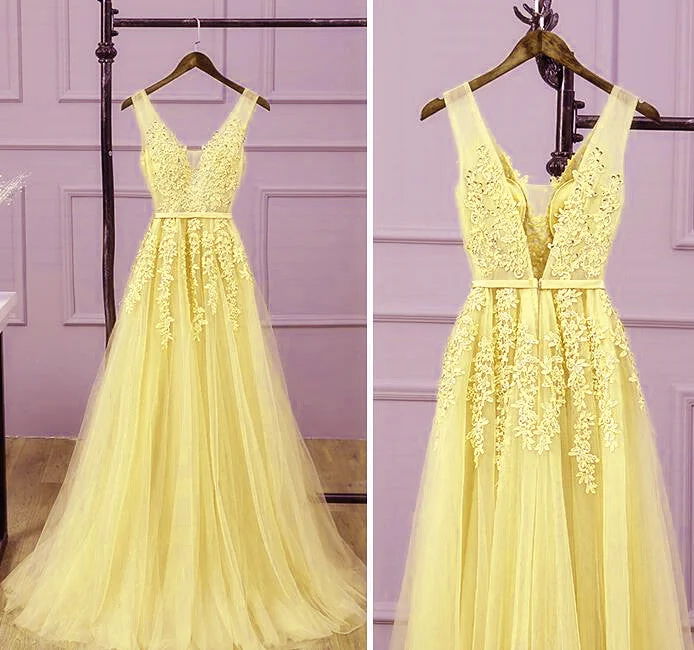 Light Yellow Tulle Long Party Dress, A-line Prom Dress Evening Gowns Crew Neckline Sporty Light Yellow Tulle Long Party Dress, A-line Prom Dress Evening Gowns Crew Neckline Sporty