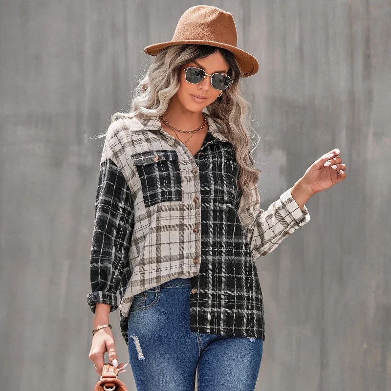 Women's Lapel Plaid Long Sleeve Cardigan Loose Shirt Nylon Fabric Polyester Fabric Spandex Fabric Women's Lapel Plaid Long Sleeve Cardigan Loose Shirt Nylon Fabric Polyester Fabric Spandex Fabric