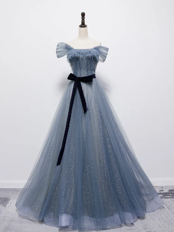 Grey-Blue Tulle Off Shoulder Long Party Dress with Bow, A-line Floor Length Prom Dress Satin Halter Glamorous Grey-Blue Tulle Off Shoulder Long Party Dress with Bow, A-line Floor Length Prom Dress Satin Halter Glamorous