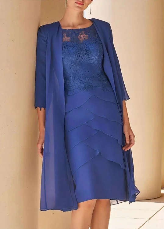 Sheath / Column Mother of the Bride Dress Wedding Guest Jewel Neck Tea Length Chiffon Lace Jacket Dresses with Lace Cascading Ruffles Satin Jacket Silk Jacket Chiffon Jacket
