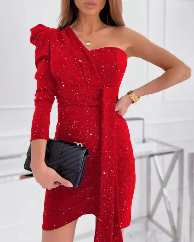 PUFF SLEEVE ONE SHOULDER ASYMMETRICAL PARTY DRESS Tunics Timeless classic