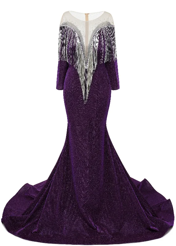 Deep V-neck Shiny Purple Prom Dresses Long sleeves Mermaid Evening Party Dresses Tunics Exclusive limited Deep V-neck Shiny Purple Prom Dresses Long sleeves Mermaid Evening Party Dresses Tunics Exclusive limited