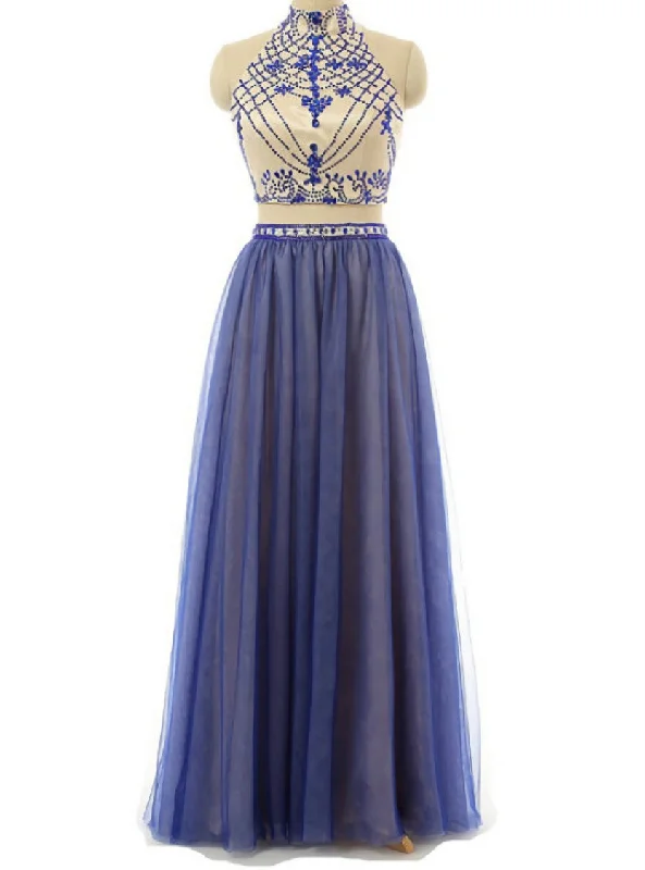 Sexy Two Piece Prom/Evening Dress Royal Blue Tulle Floor-Length Backless Beaded Party Dress Tunics Versatile stylish Sexy Two Piece Prom/Evening Dress Royal Blue Tulle Floor-Length Backless Beaded Party Dress Tunics Versatile stylish