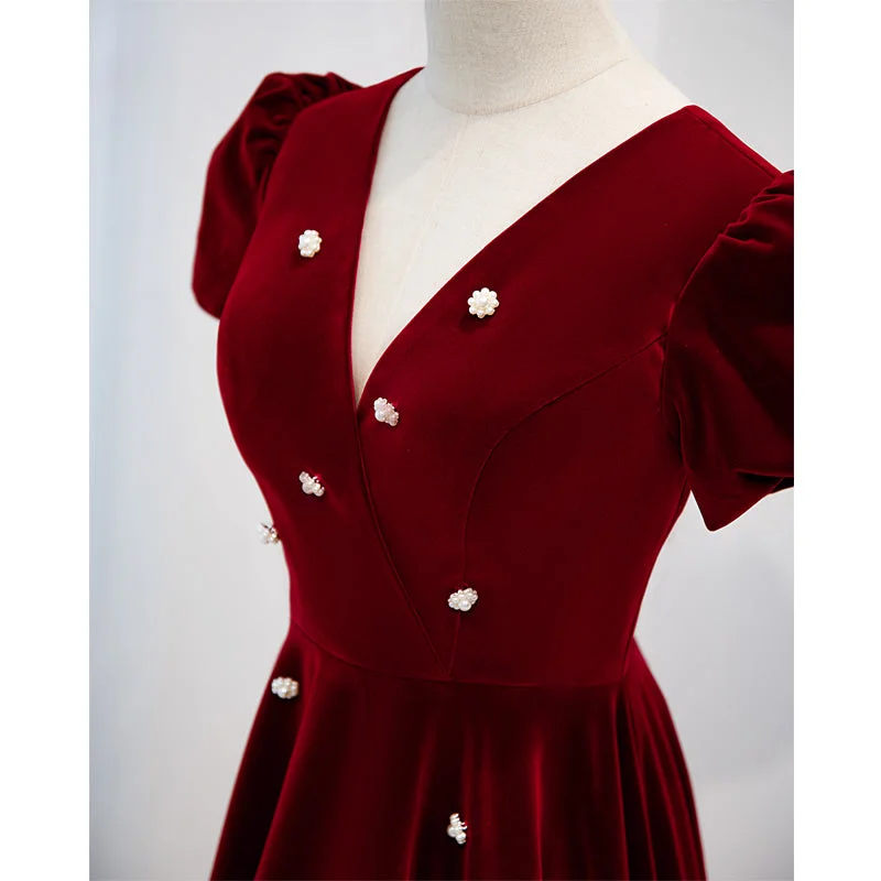 Wine Red V-neckline Velvet Prom Dress Party Dress, A-line Wedding Party Dress sweetheart Neckline Romantic Wine Red V-neckline Velvet Prom Dress Party Dress, A-line Wedding Party Dress sweetheart Neckline Romantic