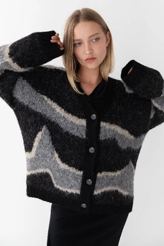 INTARSIA KNIT CARDIGAN Hooded Caped Shawl Collar
