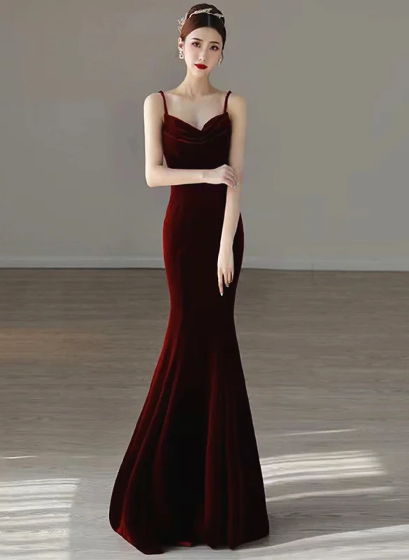 Wine Red Mermaid Straps Long Party Dress, Wine Red Velvet Long Prom Dress Tunics Travel practical Wine Red Mermaid Straps Long Party Dress, Wine Red Velvet Long Prom Dress Tunics Travel practical