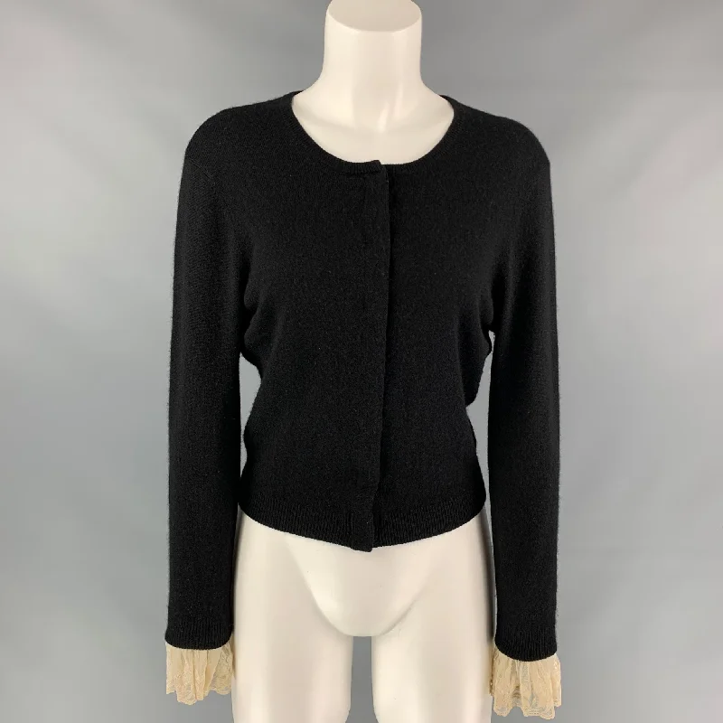BEHNAZ SARAFPOUR Size M Black & Cream Silk / Cashmere Cardigan Print Jacquard Patchwork BEHNAZ SARAFPOUR Size M Black & Cream Silk / Cashmere Cardigan Print Jacquard Patchwork