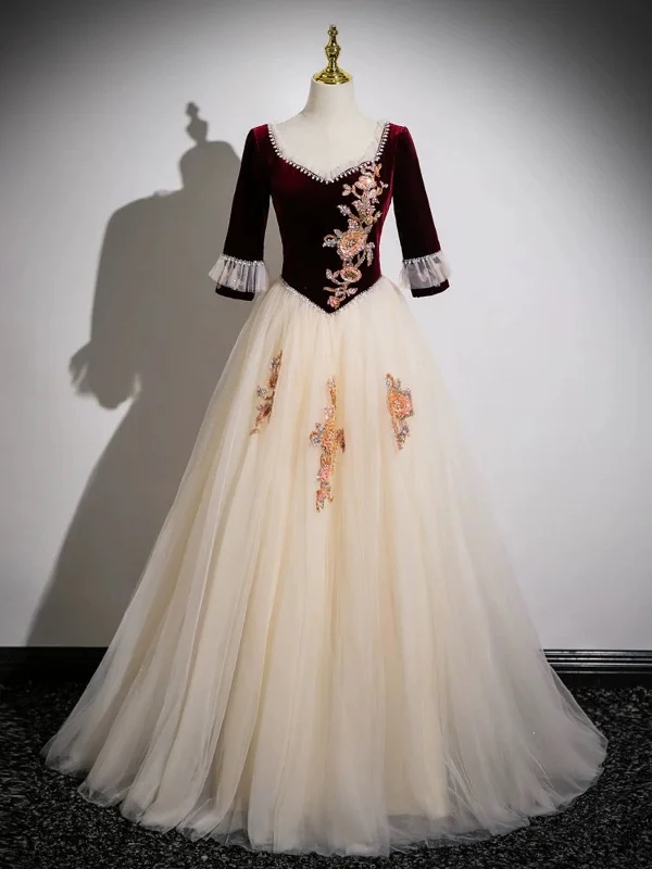 Lovely Champagne Tulle and Wine Red Velvet Top Party Dress, Long Prom Dress Tunics Long Elegant Lovely Champagne Tulle and Wine Red Velvet Top Party Dress, Long Prom Dress Tunics Long Elegant
