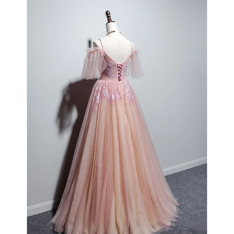 Pink Tulle V-neckline Floral Long Prom Dress, Pink Straps Party Dress Tunics Solid Classic Pink Tulle V-neckline Floral Long Prom Dress, Pink Straps Party Dress Tunics Solid Classic