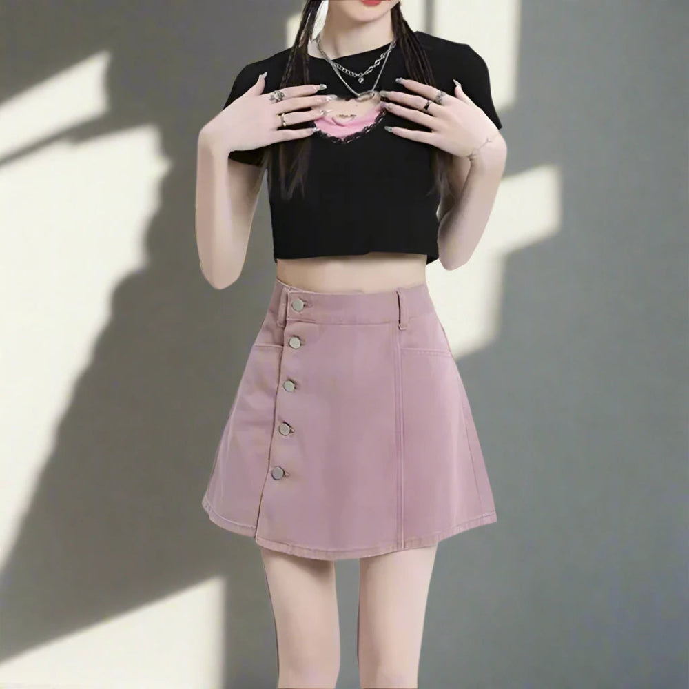 High Waist A-Line Mini Skirt – Cute Button Detail lace skirt delicate