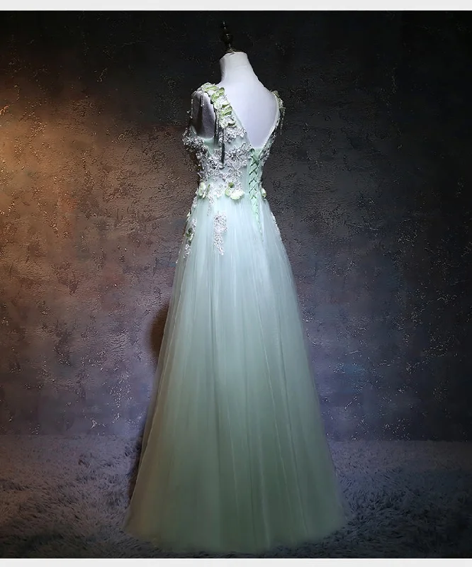 Light Green Tulle Long Party Dress, A-line Floor Length Prom Dress A-Line Day Work