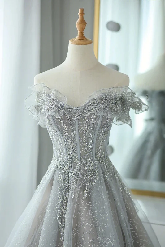 Grey Tulle Sweetheart Party Dress, A-Line Tulle Floor Length Prom Dress Evening Dress Turtleneck Neckline Stylish Grey Tulle Sweetheart Party Dress, A-Line Tulle Floor Length Prom Dress Evening Dress Turtleneck Neckline Stylish