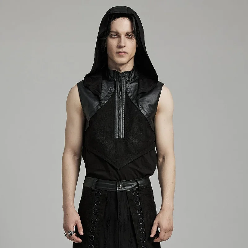 Men's Punk Stand Collar Faux Leather Splice Tank Top with Hood activewear tank top