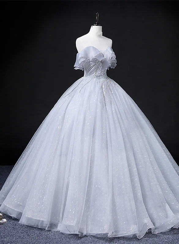 Sliver Grey Tulle Off Shoulder Long Party Dress, Tulle Evening Dress Prom Dress Tunics Solid Classic Sliver Grey Tulle Off Shoulder Long Party Dress, Tulle Evening Dress Prom Dress Tunics Solid Classic