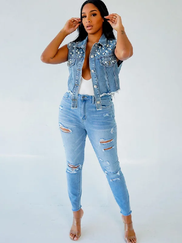 Sleeveless Pearl Lapel Denim Jackets Faux Fur Fabric Real Fur Fabric Shearling Fabric Sleeveless Pearl Lapel Denim Jackets Faux Fur Fabric Real Fur Fabric Shearling Fabric