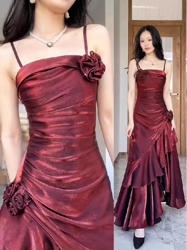 Mermaid Spaghetti Straps Prom Dresses Burgundy Party Dress Halter Neckline Beach
