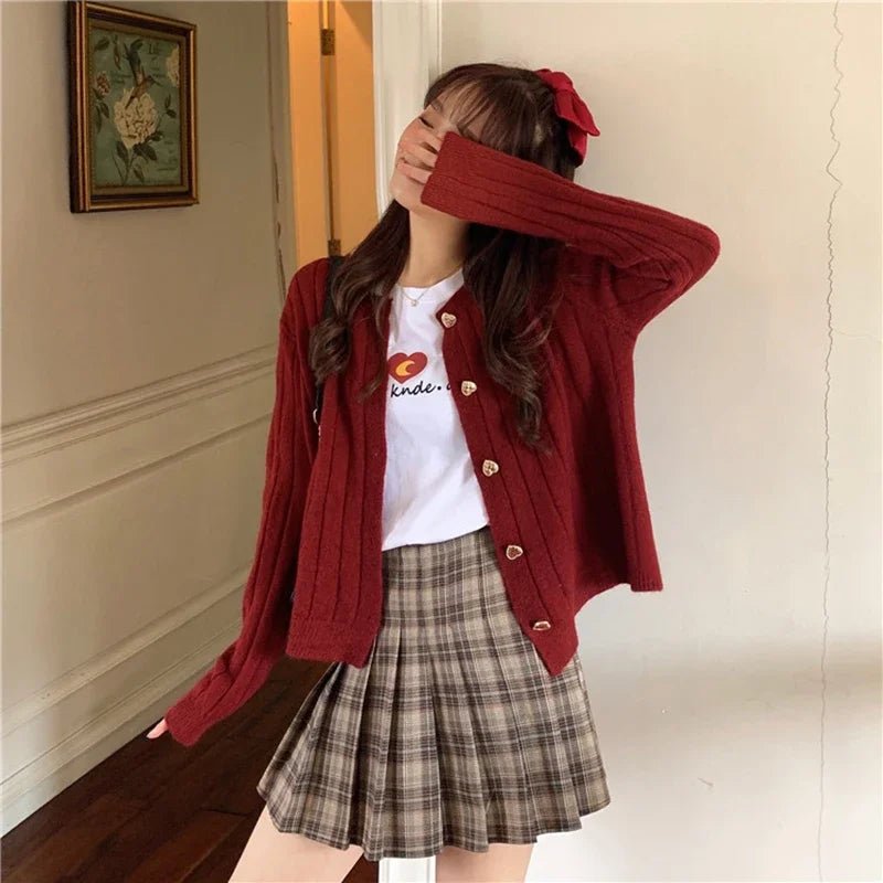 Korean Style Cute Heart Button Knitted Cardigan Open Front Closed Front Wrap Front