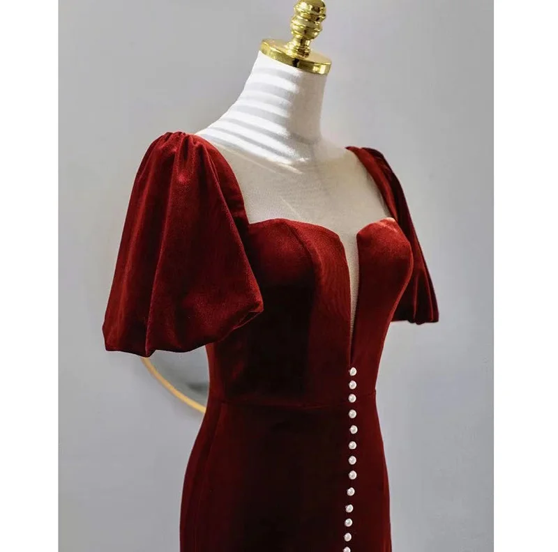 Wine Red Velvet Long Round Neckline Party Dress, Wine Red Prom Dresses Off-the-shoulder Chic Trendy Wine Red Velvet Long Round Neckline Party Dress, Wine Red Prom Dresses Off-the-shoulder Chic Trendy