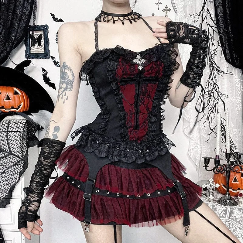 Women's Gothic Tassels Lace Tank Top Black Red modal blend tank