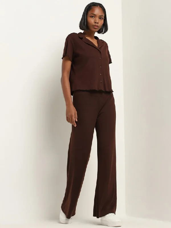 Superstar Dark Brown Ribbed Wide-Leg Mid-Rise Pants Modern Stretch Trousers