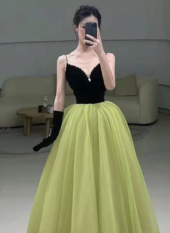 Light Green and Black Beaded Straps Long Party Dress, Green Tulle Evening Dress Prom Dress Tunics Leisure comfortable Light Green and Black Beaded Straps Long Party Dress, Green Tulle Evening Dress Prom Dress Tunics Leisure comfortable