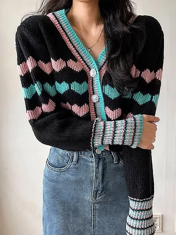 Heart Pattern Crop Cardigan Sweater Sequined Glittery Shiny