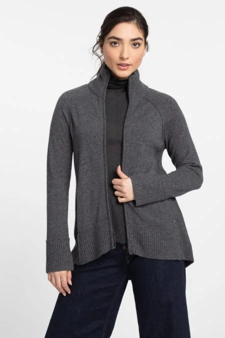 Kinross Cashmere Sporty Zip Mock Cardigan Ribbed Striped Patterned
