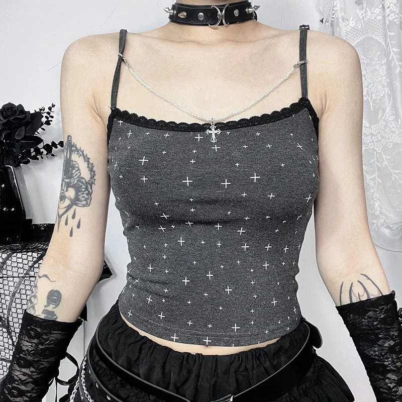 Women's Grunge Cross Printed Tank Top with Cross Chain vibrant tank top