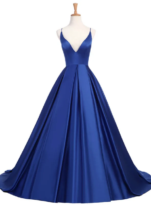 Royal Blue Long V-Neck Open Back Satin A Line Prom Party Dress Tunics Chic fashionable Royal Blue Long V-Neck Open Back Satin A Line Prom Party Dress Tunics Chic fashionable