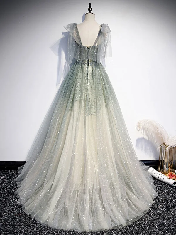 Green Tulle Straps A-line Beaded Long Prom Dress, Green Evening Party Dress Crew Neckline Casual Green Tulle Straps A-line Beaded Long Prom Dress, Green Evening Party Dress Crew Neckline Casual