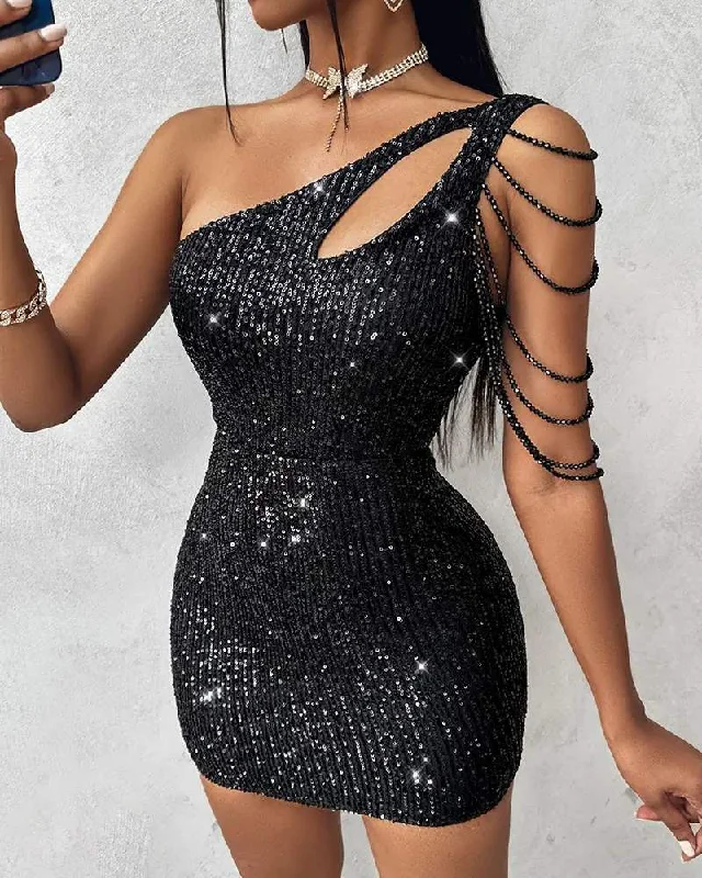 ONE SHOULDER CUTOUT ALLOVER SEQUIN PARTY DRESS Tunics Trousers formal