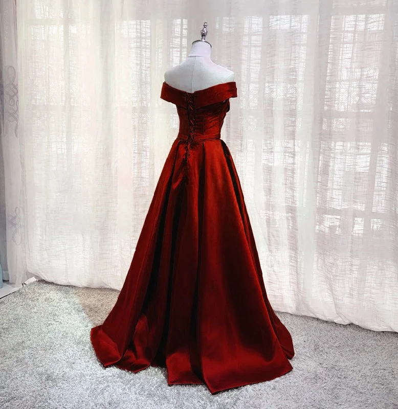 Wine Red Floor Length Off Shoulder Wedding Party Dress, Dark Red Prom Dress Cowl Neckline Elegant Wine Red Floor Length Off Shoulder Wedding Party Dress, Dark Red Prom Dress Cowl Neckline Elegant