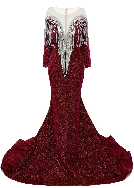 Deep V-neck Shiny Burgundy Prom Dresses Long sleeves Mermaid Evening Party Dresses Tunics Brand named Deep V-neck Shiny Burgundy Prom Dresses Long sleeves Mermaid Evening Party Dresses Tunics Brand named