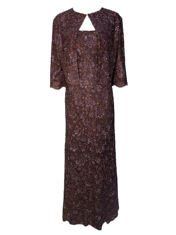 Mingolini Guggenheim 1950's Italian Couture Brown Solid Beaded and Embroidered Gown + Jacket Ribbed Jacket Pleated Jacket Ruffled Jacket Mingolini Guggenheim 1950's Italian Couture Brown Solid Beaded and Embroidered Gown + Jacket Ribbed Jacket Pleated Jacket Ruffled Jacket