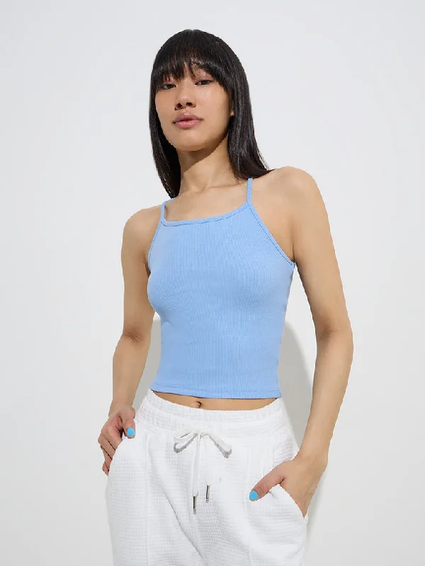 Studiofit Light Blue Ribbed-Textured Cotton-Blend Tank Top athletic tank top