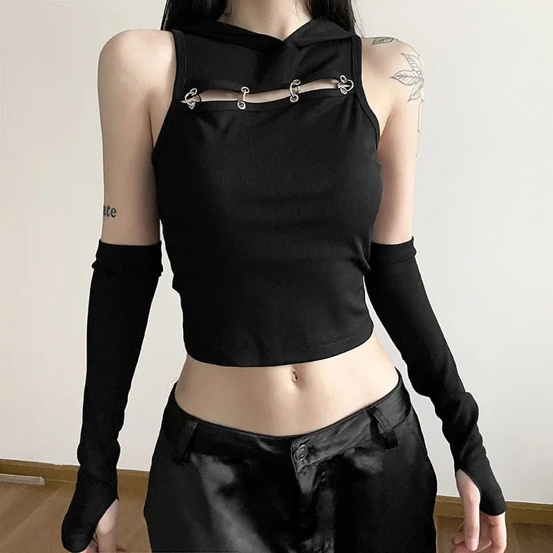 Women's Punk Cutout Tank Top with Hood and Oversleeves relaxed fit tank