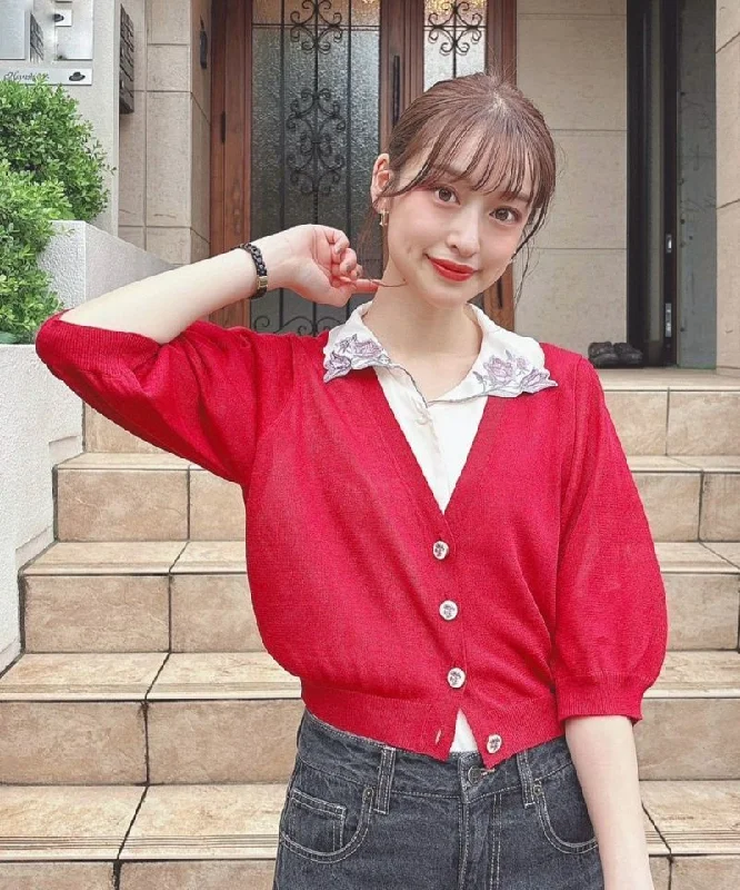 Campanula Print Button Sheer Knit Cardigan / an another angelus [50BJ04h011]. Print Jacquard Patchwork