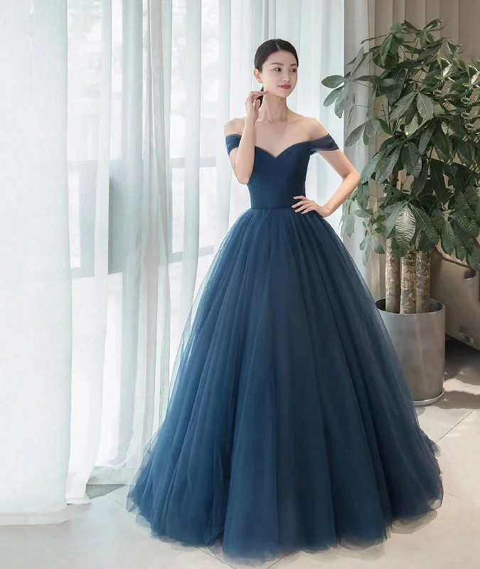 Elegant Tulle Long A-Line Prom Dress, Blue Off the Shoulder Evening Party Dress Shift Classic Vintage Elegant Tulle Long A-Line Prom Dress, Blue Off the Shoulder Evening Party Dress Shift Classic Vintage