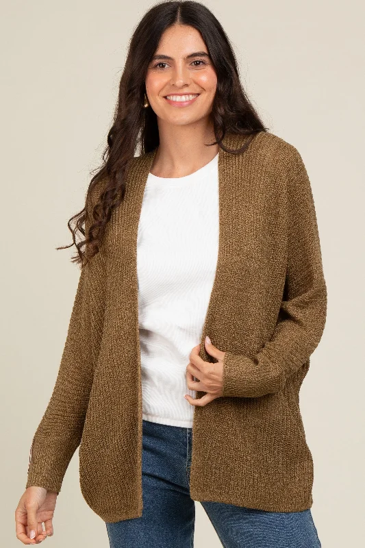 Olive Knit Open Front Cardigan Herringbone Houndstooth Plaid