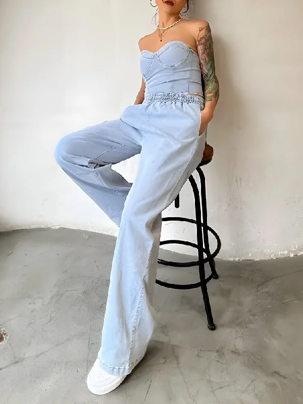 Denim Top & Pants Two Piece Set Elegant Trouser Pants