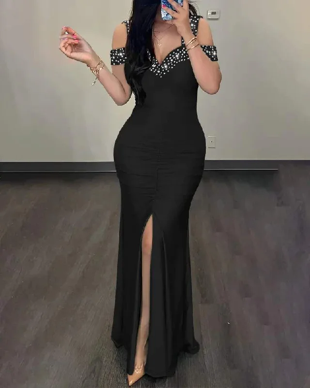 RHINESTONE COLD SHOULDER SLIT RUCHED PARTY DRESS Tunics Distressed trendy