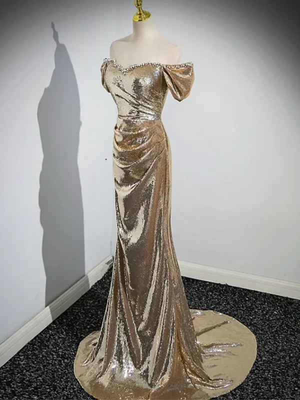 Gold Sequins Off Shoulder Mermaid Long Prom Dress Evening Party Dress Tunics Lace romantic Gold Sequins Off Shoulder Mermaid Long Prom Dress Evening Party Dress Tunics Lace romantic