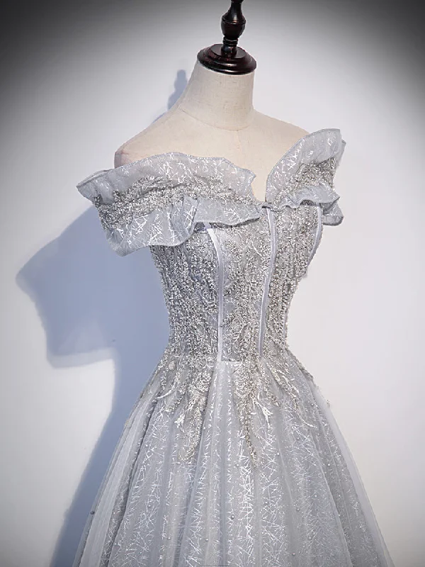 Sliver-Grey Shiny Tulle Off Shoulder Prom Dress, Sliver Long Party Dresses Tunics Sale discount Sliver-Grey Shiny Tulle Off Shoulder Prom Dress, Sliver Long Party Dresses Tunics Sale discount