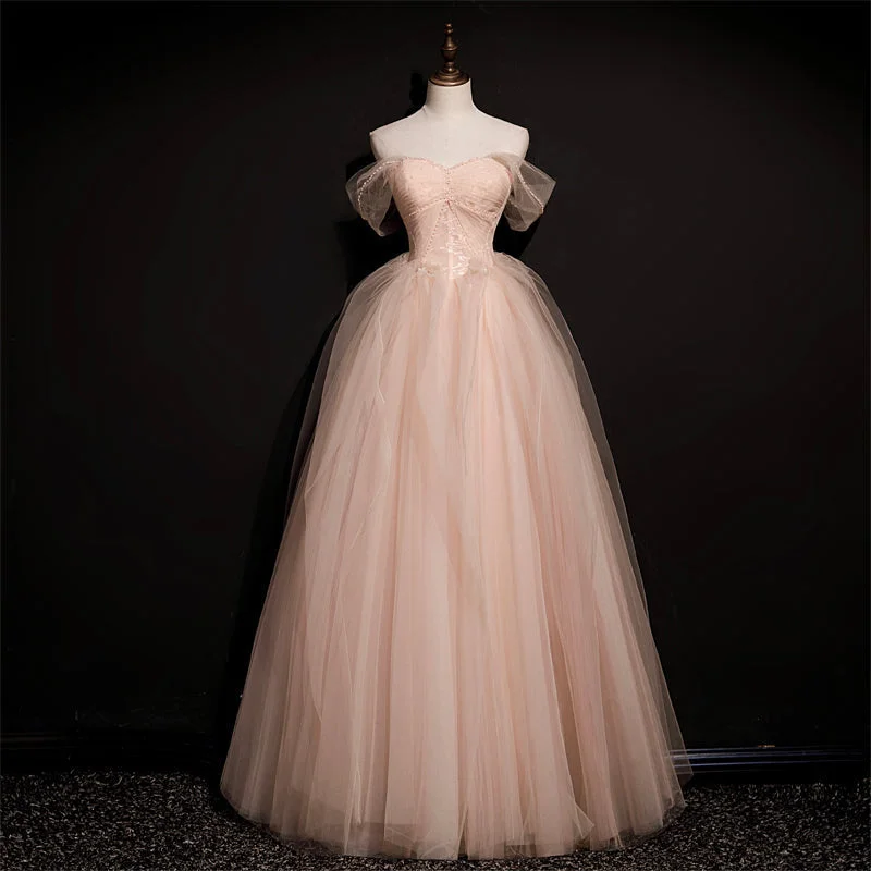 Pink Off Shoulder Beaded Tulle Long Party Dresses, Pink A-line Formal Dresses Prom Dress Tunics Stylish elegant Pink Off Shoulder Beaded Tulle Long Party Dresses, Pink A-line Formal Dresses Prom Dress Tunics Stylish elegant