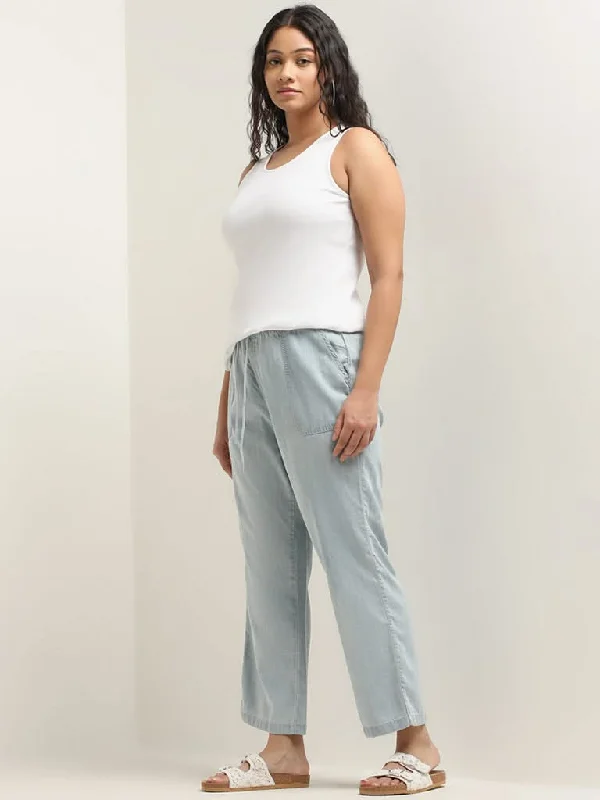 Gia Light Blue Chambray High-Rise Straight Fit Pants Casual Sweatpants Style