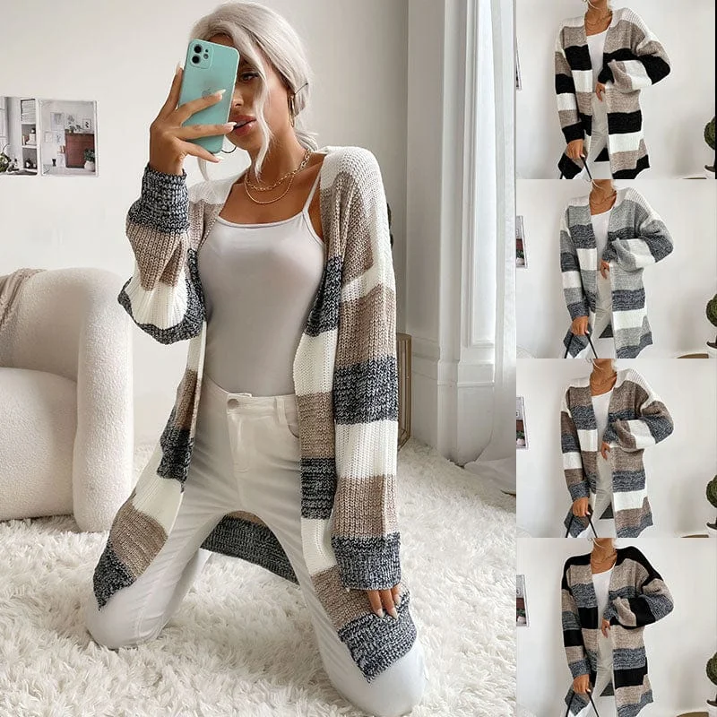 Womens Color Block Sweater Coat Outwear Long Sleeve Open Front Loose Knitted Cardigan Sweaters Hooded Caped Shawl Collar