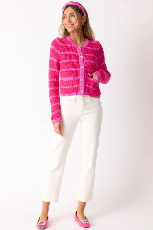 Let's Go Shopping Hot Pink Stripe Button Front Cardigan Real Fur Shearling Chenille